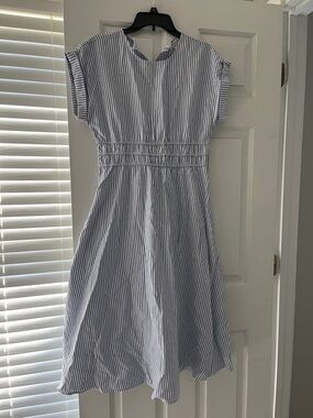 Blue and White Striped Midi Dress with pockets